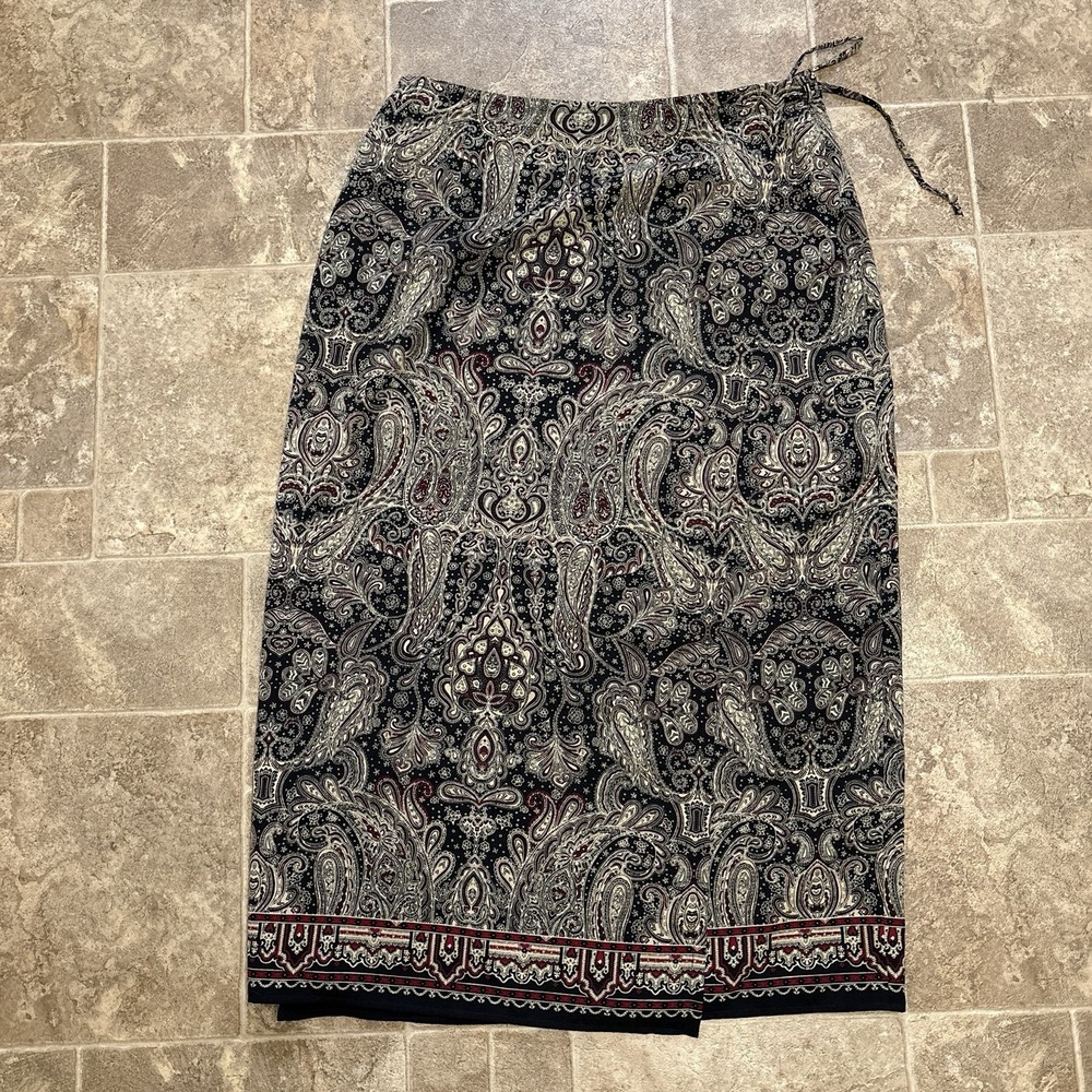 Vtg Liz Claiborne Wrap Maxi Skirt 16 Baroque Black Red Paisley Lined Boho Hippie